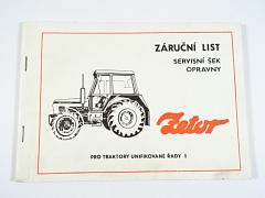 Zetor - záruční list pro traktory UŘ I - servisní šek - opravny - 1991