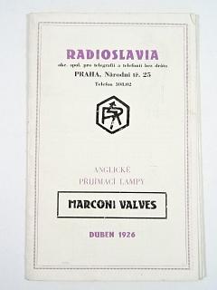 Radioslavia - anglické přijímací lampy - Marconi Valves - prospekt - 1926