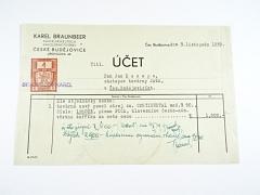 Karel Braunbeer - kancelářské stroje - České Budějovice - účet - Jan Konopa, zástupce továrny JAWA - 1939