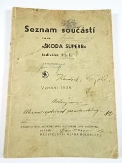 Škoda Superb - šestiválec 2,5 L - 1935 - seznam součástí - ASAP Mladá Boleslav