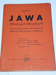 JAWA 250 ccm typ 11, 350 ccm typ 18  - pérák - 1952 - popis a jízdní návod se zvláštním zřetelem pro obsluhu a udržování