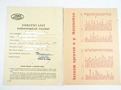 JAWA 250 automatic 559 - záruční list + seznam opraven n. p. Mototechna - 1966