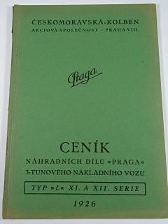 Praga L - ceník náhradních dílů 3-tunového nákladního vozu + změny pro vojenské vozy - 1926