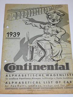 Continental 1939 - Alphabetische Wagenliste für endlose Ventilator - Riemen, keilförmige u. flache Ausführung - Bugatti, Praga, Škoda, Tatra...