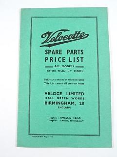 Velocette - Sare Parts - Price List - 1950