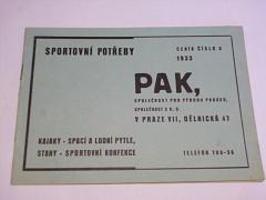 PAK Praha - sportovní potřeby, kajaky, stany - prospekt 1933