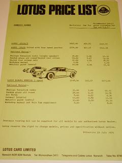 Lotus Price List 1974