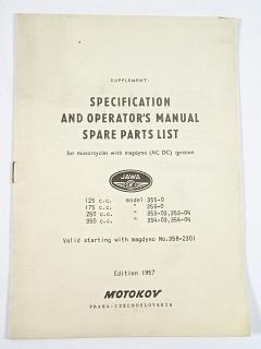 JAWA-ČZ 125, 175, 250, 350 - supplement - specification and operator's manual, spare parts list for motorcycles with magdyno (AC DC) ignition - 1957 - Motokov