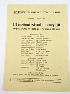 III. terénní závod motocyklů - krajský přebor ve třídě do 175 ccm a 500 ccm - 7. 10. 1962 - program