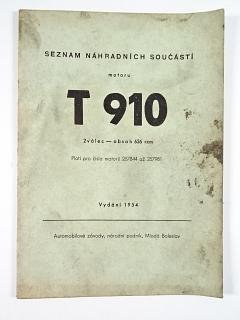 T 910 - motor 2 válec - obsah 636 ccm - seznam náhradních součástí - 1954 - AZNP Mladá Boleslav