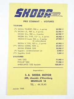 Škoda - Prix Courant - Voitures - S. A. Skoda Motor Bruxelles - 1968