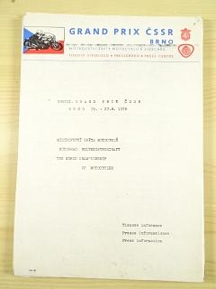 XXVIII. Grand Prix ČSSR Brno - 25. - 27. 8. 1978 - Mistrovství světa motocyklů - tiskové informace