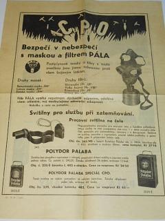 Pála akc. spol., Slaný - CPO - bezpečí v nebezpečí s maskou a filtrem Pála - leták - 1938