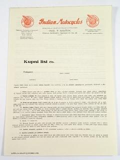 Indian - Ing. F. Mařík, Praha - kupní list - 1929