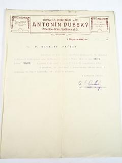 Antonín Dubský, Brno - továrna mostníh vah - dopis - 1912