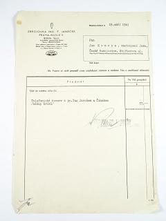 Zbrojovka Ing. F. Janeček, Praha - Nusle II. - účet - Jan Konopa, zastoupení Jawa, České Budějovice - 1941