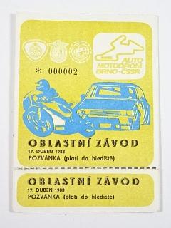 Automotodrom Brno - ČSSR - oblastní závod - 17. duben 1988 - pozvánka - vstupenka