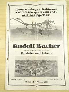 Pluhy potahové a traktorové a nářadí pro zpracování půdy originál Bächer - Rudolf Bächer Roudnice nad Labem - 1935 - prospekt