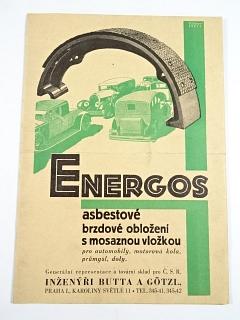 Energos - azbestové brzdové obložení s mosaznou vložkou pro automobily, motorová kola, průmysl, doly - prospekt - Inženýři Butta a Götzl, Praha