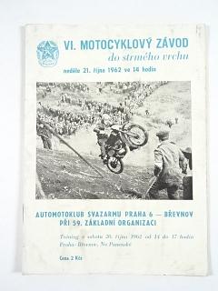 VI. motocyklový závod do strmého vrchu - 21. října 1962 - Praha - Břevnov - program
