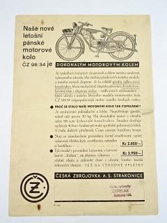 ČZ 98/34 - pánské motorové kolo - prospekt - razítko Velo - závody Čepelák, Kobylisy