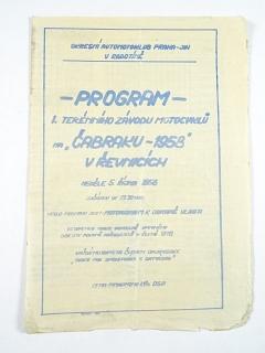 Program I. terénního závodu motocyklů na „Čabraku - 1958“ v Řevnicích - 5. října 1958
