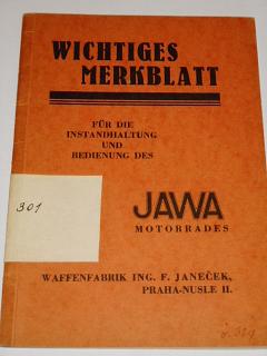 JAWA - Wichtiges Merkblatt für die Instandhaltung und Bedienung des JAWA Motorrades - JAWA 500 OHV Rumpál