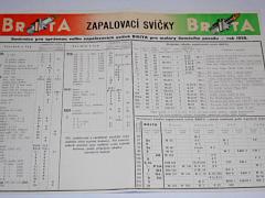 Brita - zapalovací svíčky - prospekt - osazovací tabulky - 1938 - Aero, ČZ, Jawa, Ogar, Praga, Škoda, Tatra...