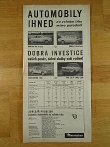 Automobily ihned na volném trhu mimo pořadník - Saab 96 V4 de Luxe - Škoda 110 de Luxe - Ford Cortina 1300 - Fiat 125 P 1300, 1500 - Mototechna - plakát - leták
