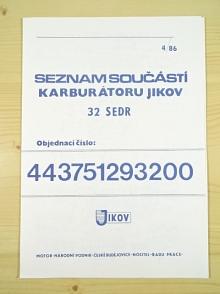 Jikov 32 SEDR  2932 - karburátor - seznam součástí - Škoda 120 L, GL, model M II - 1986