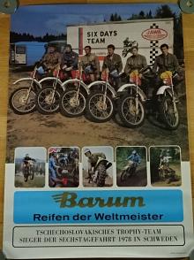 Barum - Reifen der Weltmeister - Tschechoslovakisches Trophy - Team - Sieger der Sechstagefahrt 1978 in Schweden - plakát - JAWA - Six Days - šestidenní