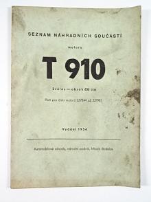 T 910 - motor 2 válec - obsah 636 ccm - seznam náhradních součástí - 1954 - AZNP Mladá Boleslav