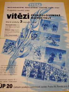 JAWA, ČZ - Mezinárodní šestidenní soutěž FICM 1947 - v nejtěžší soutěži světa vítězí československé motocykly - papírová reklama - ÚP 20