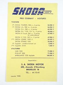 Škoda - Prix Courant - Voitures - S. A. Skoda Motor Bruxelles - 1968