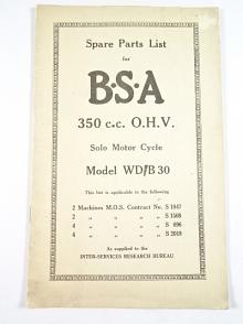 BSA - Spare Parts List for B.S.A 350 c.c. O.H.V. Solo Motor Cycle Model WD/B 30