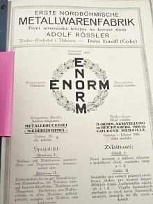 První severočeská továrna na kovové zboží Adolf Rössler - Dolní Einsidl Čechy (Dolní Poustevna) - ENORM - ceník 1923