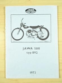 JAWA 500 typ 892 - plochodrážní motocykl pro dlouhé tratě - návod k obsluze a katalog náhradních dílů - 1973