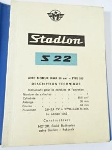 Stadion S 22 avec moteur JAWA 50 type 552 - description technique - instructions pour la conduite et l'entretien - cyclomoteur Stadion S 23 équipé de moteur JAWA 50 modele552/02 - 1962