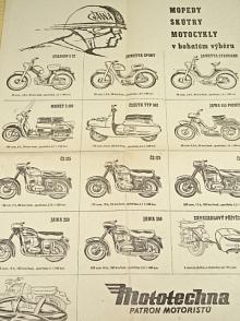 Mopedy, skútry, motocykly v bohatém výběru - JAWA, ČZ, Stadion, Manet, Velorex, PAV 41 - Mototechna - plakát - leták - František Kardaus?