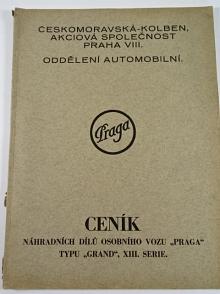 Praga Grand - ceník náhradních dílů - 1926